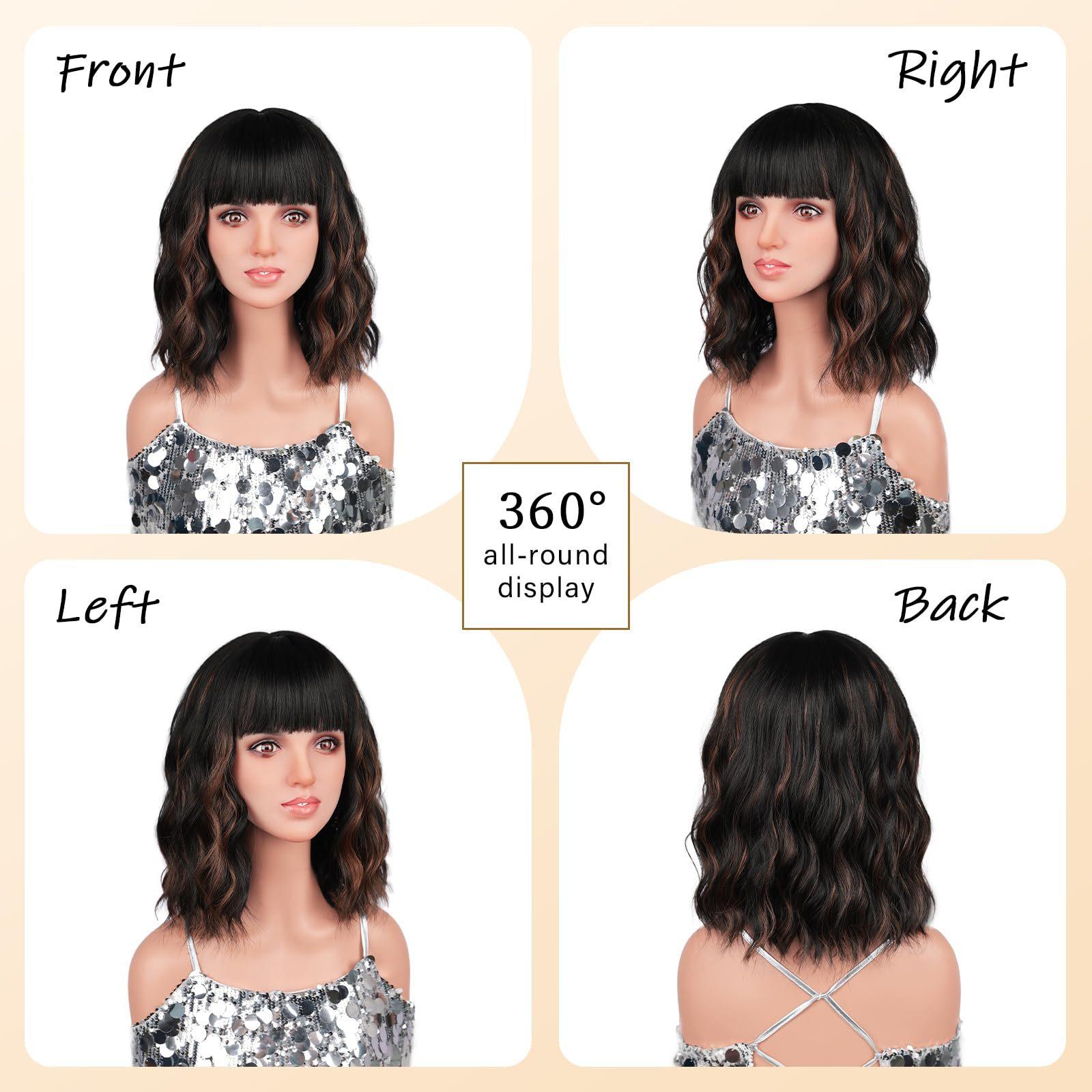 Women s Short Water Wave Synthetic Wig with Bangs, Natural Look, Breathable Cap for Daily & Party Wear, Ready Stock 14inch