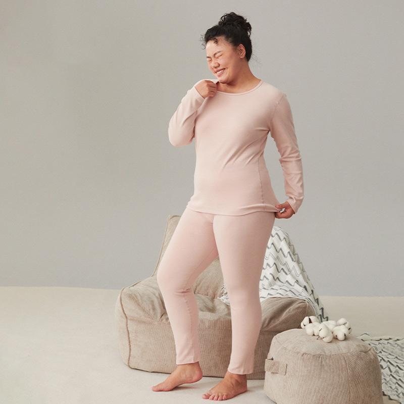 Cotton Thermal Underwear Thickened Plus Size Women's Suit Double-sided Brushed Bottoming Round Neck Winter