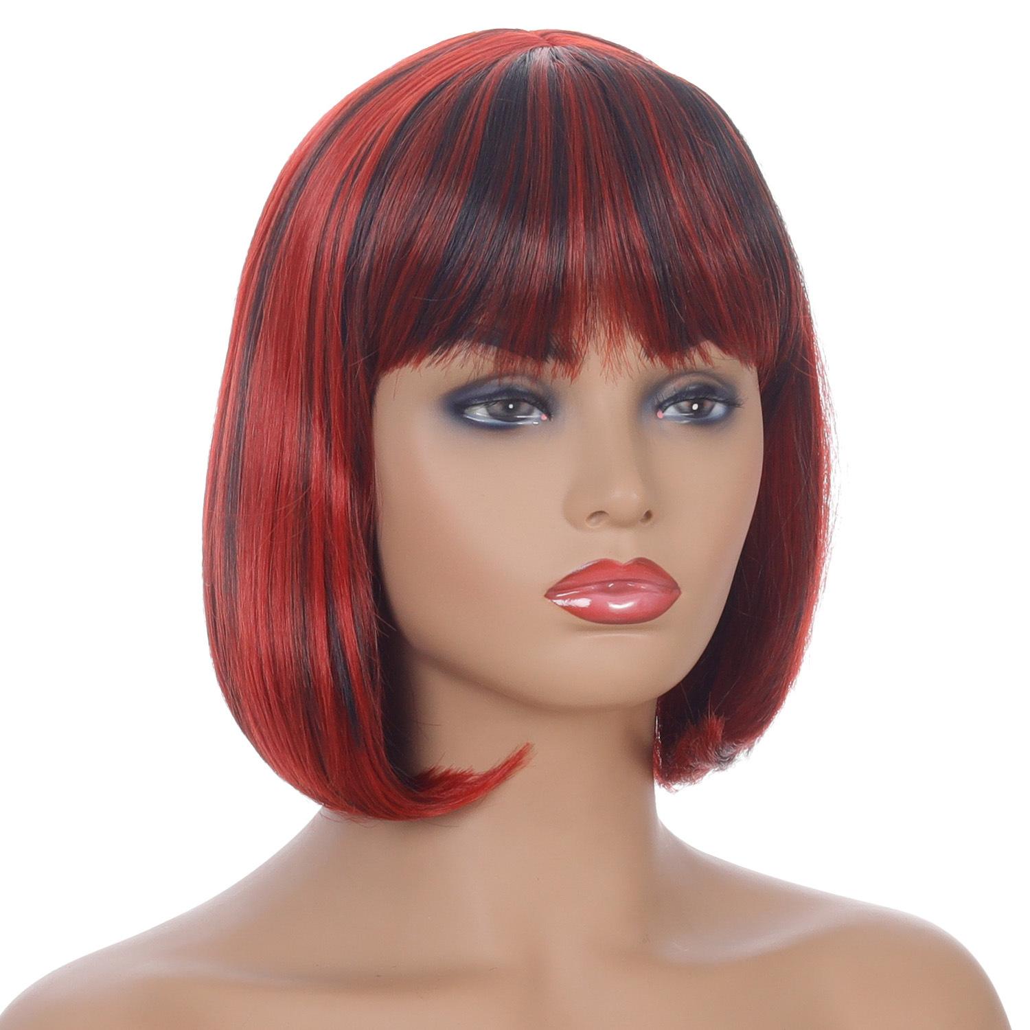 

Короткий парик боб с полной челкой, натуральные черные, красные, коричневые, светлые синтетические парики для женщин, повседневные косплей, волосы Лолиты, термостойкие парики красный/чёрный