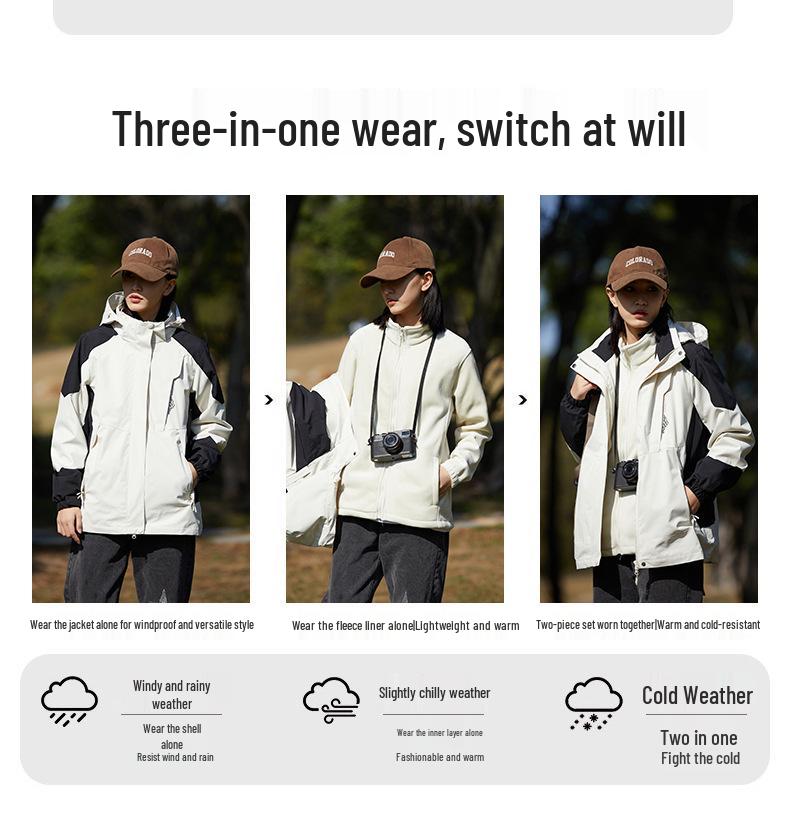 Couple's Ski Jacket Set: Women's 3-in-1 Detachable Liner & Men's Mink Velvet, Windproof & Waterproof for Autumn/Winter.