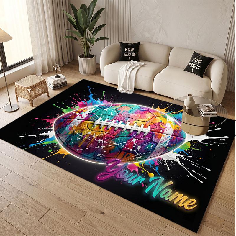 American Football Theme Soft Crystal Velvet Rug Custom Name & Text Print Non Slip Floor Rug for Bedroom Living Room