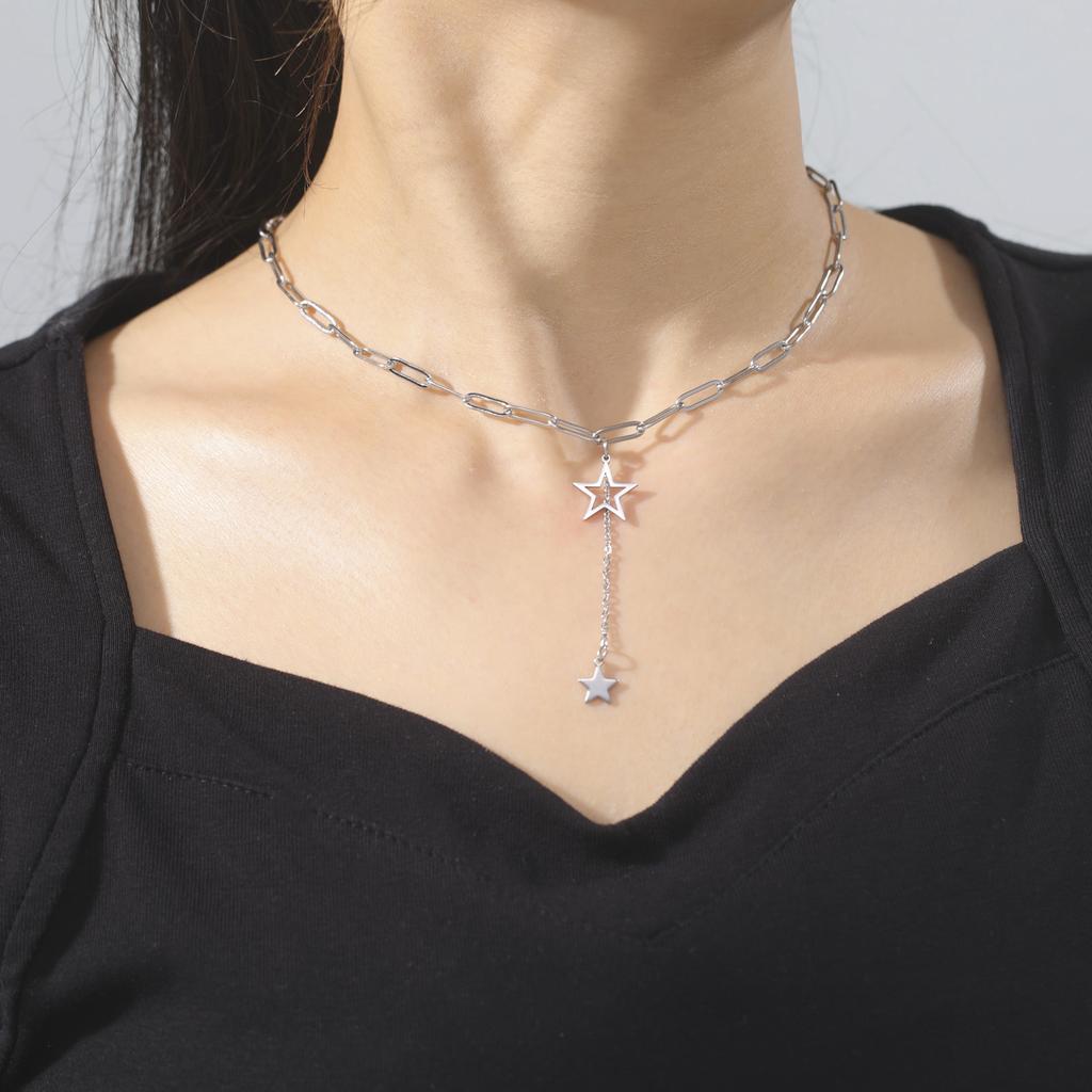 KKjoy Star Pendant Necklace for Women Silver Color Stainless Steel Beads Double Chain Collars Minimalist Jewelry Accessories New