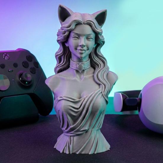 Figurina da Donna con Orecchie da Gatto Scultura Busto Femminile Stampata in 3D per Soggiorno Ufficio Scrivania Libreria Decorazione Casa