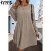 Women's Fashion Spring Fall Solid Color Print Long Sleeve O-Neck Loose Waistline Casual Dresses