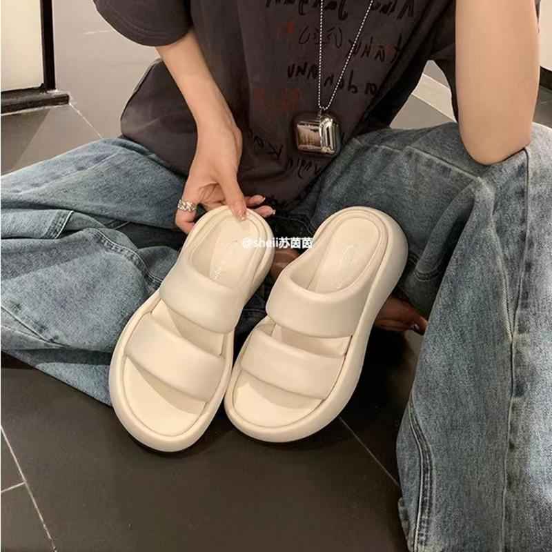 Traubenmutter hat den gleichen Stil, Wolkenblasen~ echtes Leder Doppelgürtel Brot lässig dicke Sohle erhöhend Hausschuhe Damen Sandalen Sommer styl