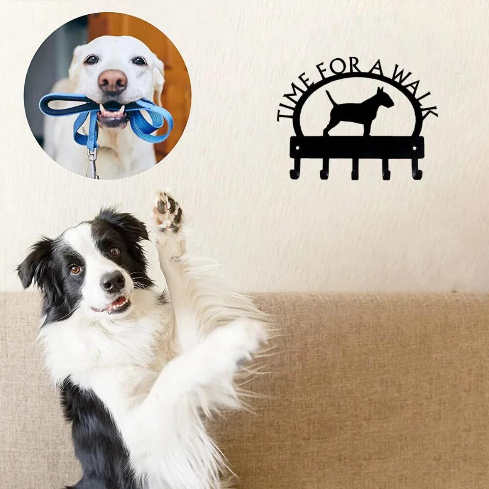 1pc Hooks Bull Terrier Time for A Walk Key Rack Dog Leash Hanger Metal Wall Hook for HomeBedroom/Home Decoration Hanger