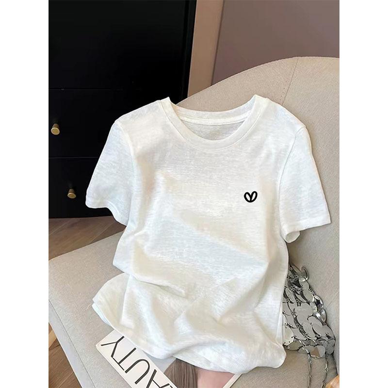 Snowflake cotton shoulder shoulder crew neck short-sleeve T-shirt for women, fashionable versatile white thin base shirt, spring, summer, autumn trend