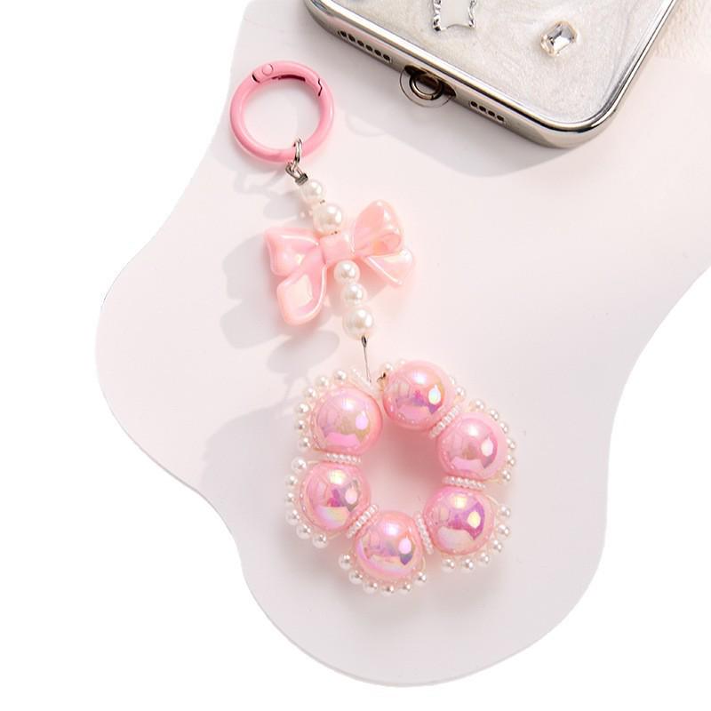 Pearl Bow Phone Lanyard with Sweet French Style Bag Keychain and Round Clasp