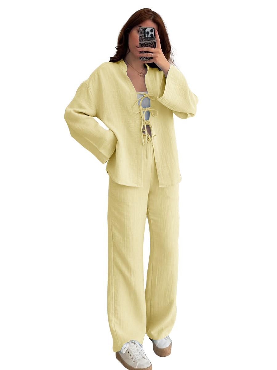 

Весенне-летний однотонный кардиган с длинными рукавами, женский модный повседневный брючный костюм XL жёлтый