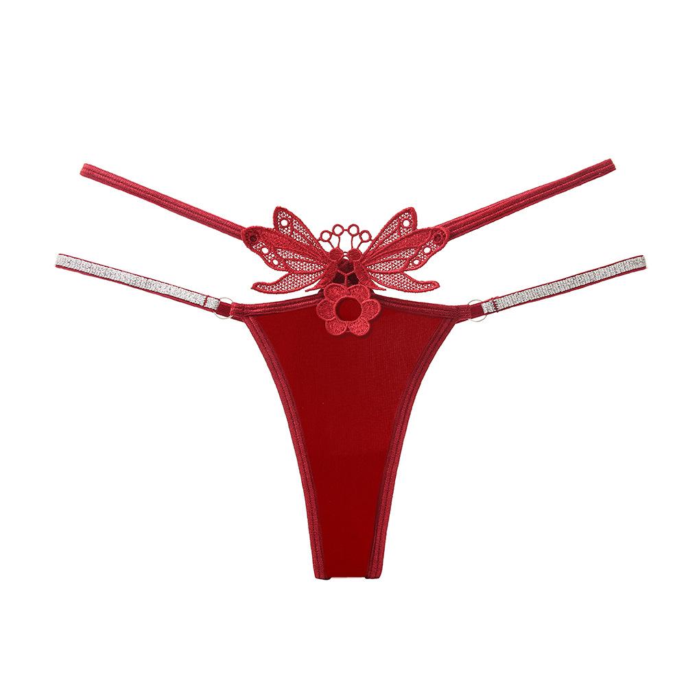 European Plus Size Embroidered Thong: Sexy Ice Silk, Glitter, Hollow Out Design, Thin Straps, Comfortable, Fashionable.