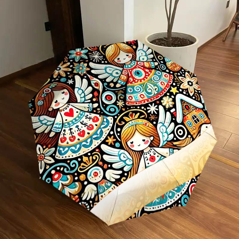 

Christmas Angels Auto Open Close Umbrella - Portable Tri-Fold Design with 8-Bone Iron Frame, Perfect Holiday Gift for Fans, Travelers, Every