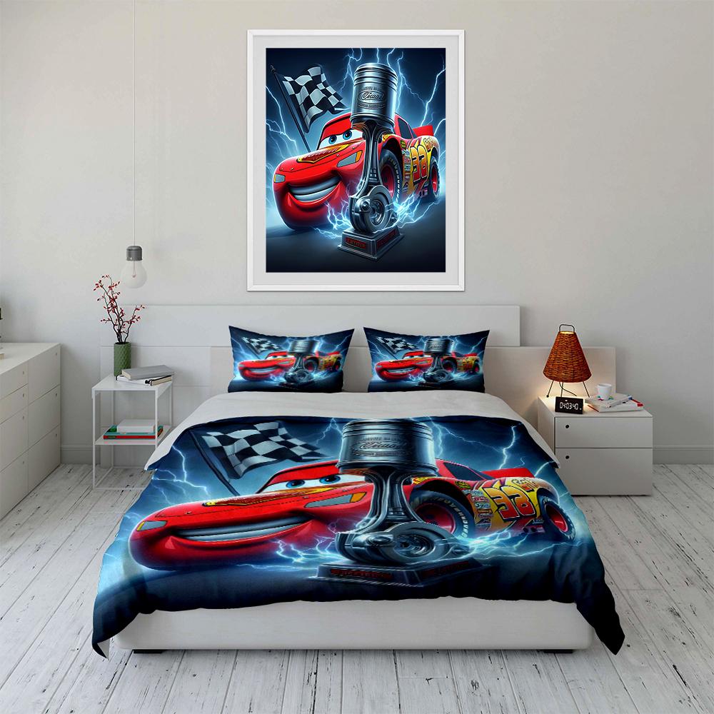 Cartoon Racing Car Pattern Bedding Set Bedding Set (1 Duvet Cover, 2 Pillowcases, Duvet Not Included)