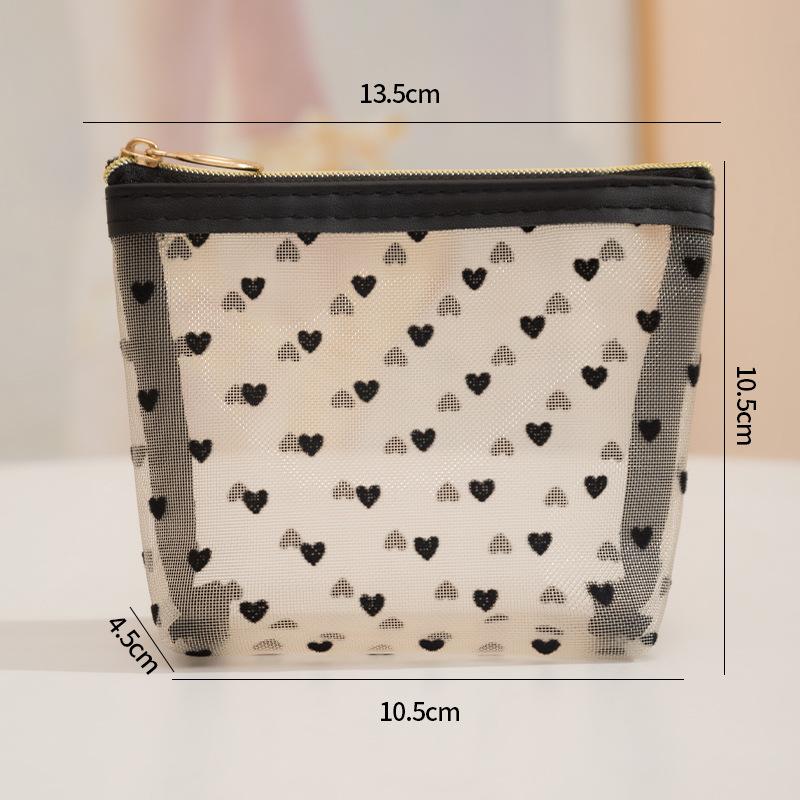 Flocked Heart Pattern Handheld Zipper Portable Mesh Makeup Bag Cosmetic Organizer Travel Essential Large Capacity L