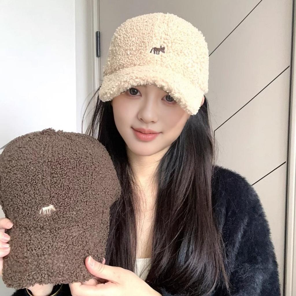Embroidery little fox lamb wool baseball cap children autumn and winter warm versatile big head circumference plush cap