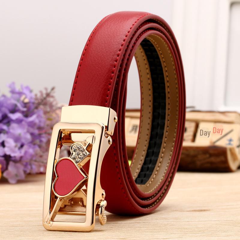 Women's Casual Double-Sided Lychee Pattern Leather Belt with Automatic Buckle