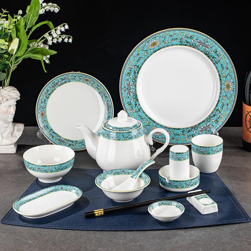 Set di stoviglie smaltate in stile cinese: Set di 4 ciotole, piatti e stoviglie in ceramica per uso in ristoranti e hotel