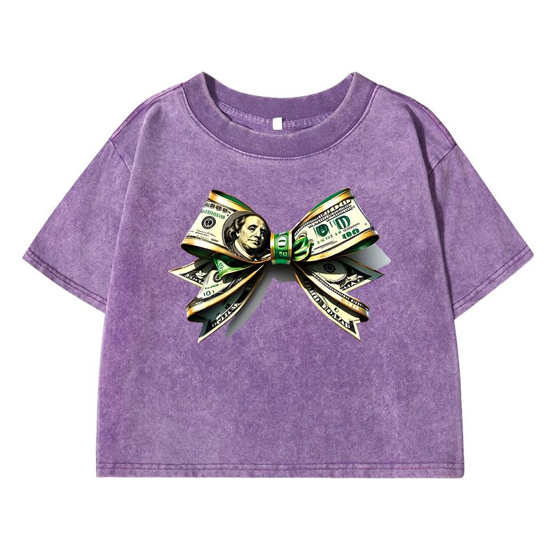 Dollar Bow Pattern Printing Women Washed Short Clothes Fashion Tshirts Street Distress Tops Cool Midriff-Baring T Shirts