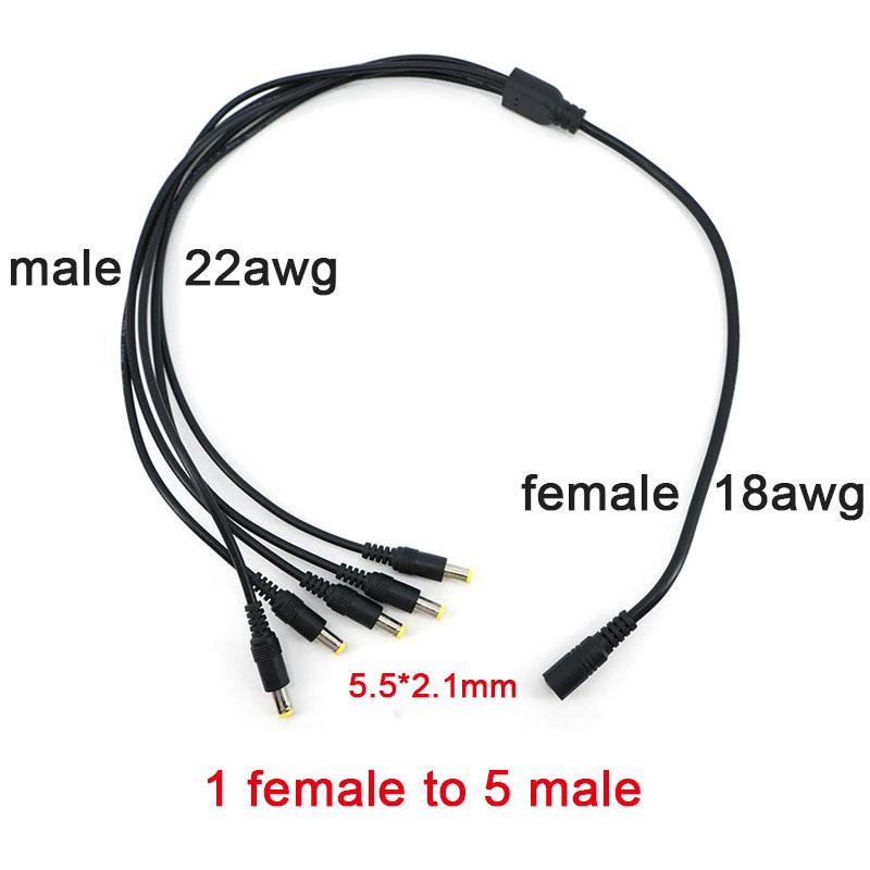 70cm 1 To 5 Way Splitter Cable 5.5*2.1mm Female To Male Main Cable 18awg Branch Cable 22awg 12V DC Power Supply Adapter
