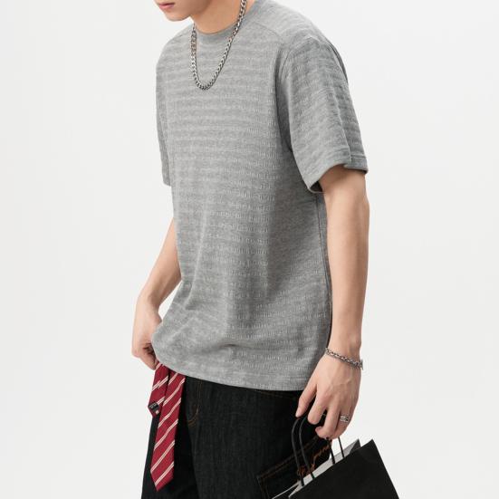 Men T-shirt Round Neck Short Sleeve 3D Striped Jacquard Design Tee Shirt