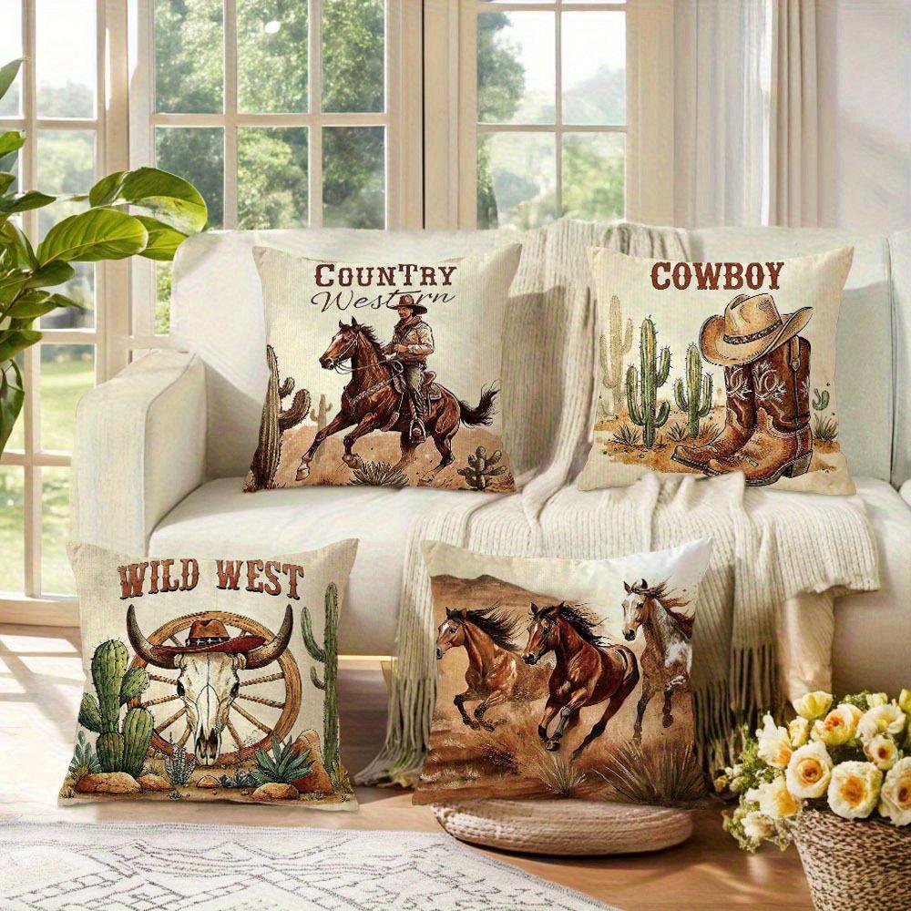 Exquisite Ornaments Unisex Vintage Western Cowboy Pillow Covers Wild West Horse Double-Sided Printed Throw Pillow Cases Farmhouse Home Decor Cushion Covers