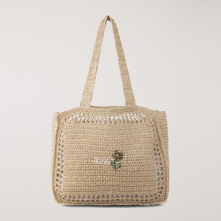 Dunst Hand Drawing Bloom Bag — Handmade Paper Yarn Shopper with Floral Embroidery | Korean Designer Brand | 2 Colours: Navy / Natural Cream