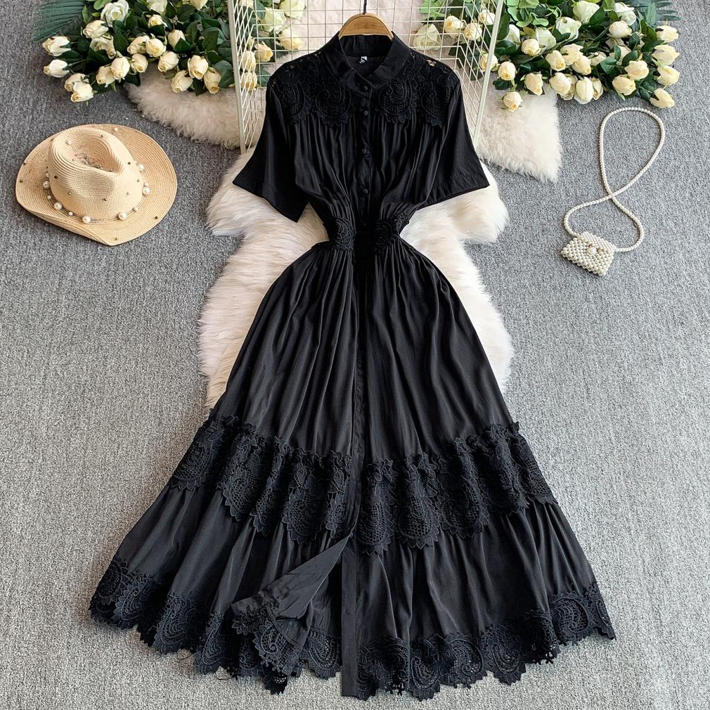 French gentle wind blue stand-up collar dress dress women's summer lace splicing waist thin ruffle edge dress