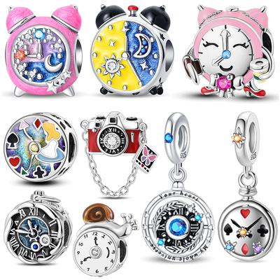 925 Sterling Silver Poker Alarm Clock Charms Colored Zircon Camera Beads Pendant Fit Brand Bracelet DIY Birthday Jewelry Gift