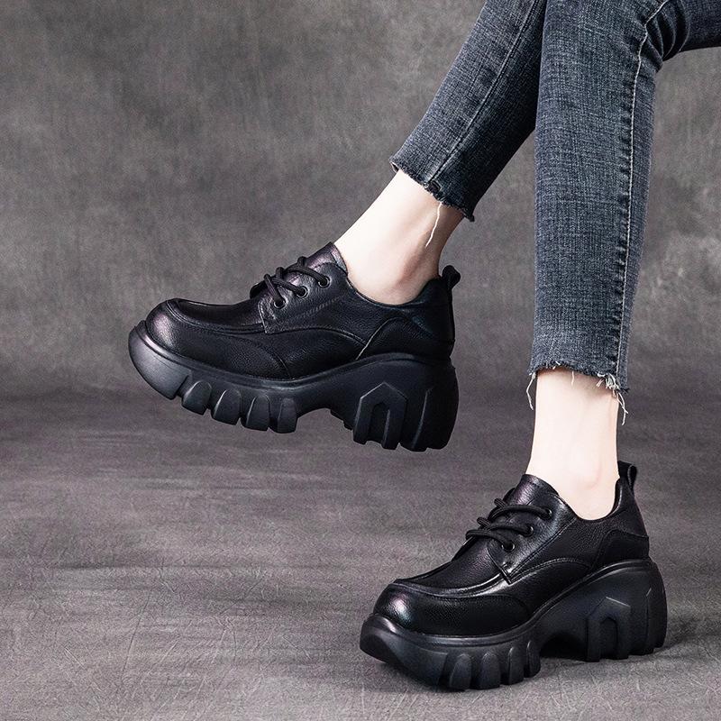 The First Layer of Cowhide Casual Shoes Women's 2025 Autumn New Leather Korean Version of Versatile Lace-up Muffin Platform Single Shoes Women's Shoes
