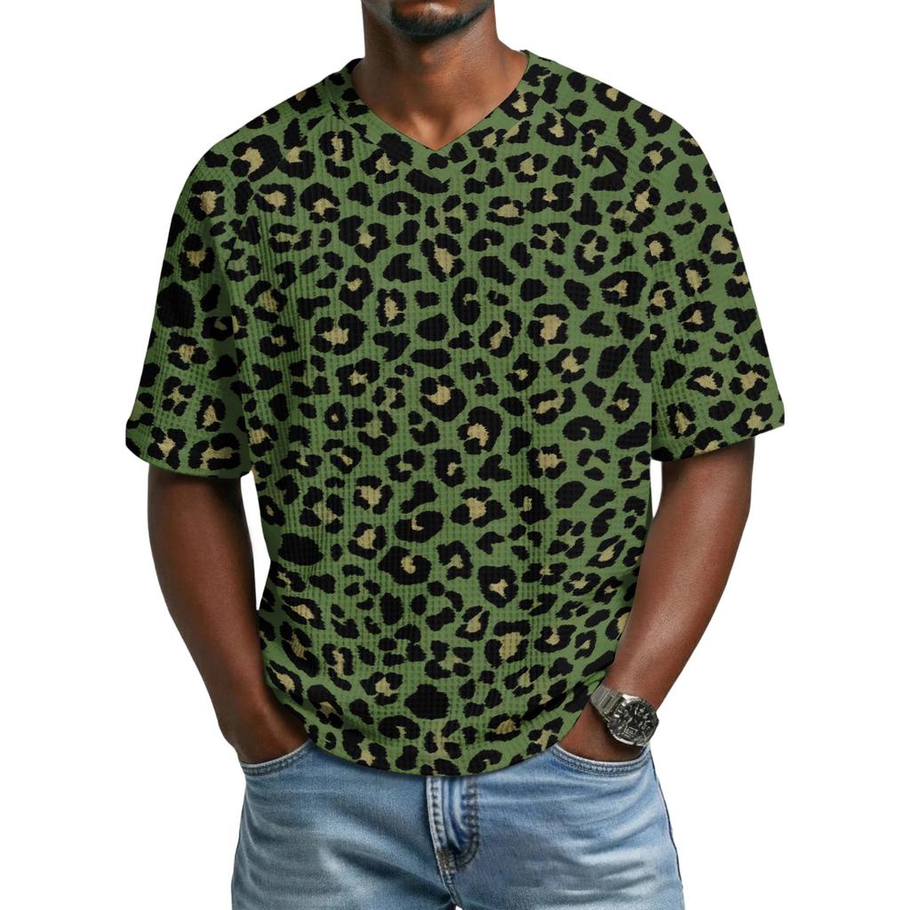 Herren T-Shirt mit Leopardenmuster, Atmungsaktives V-Ausschnitt Kurzarm Oberteil für Herren, Lässiges Mode Sommer T-Shirt
