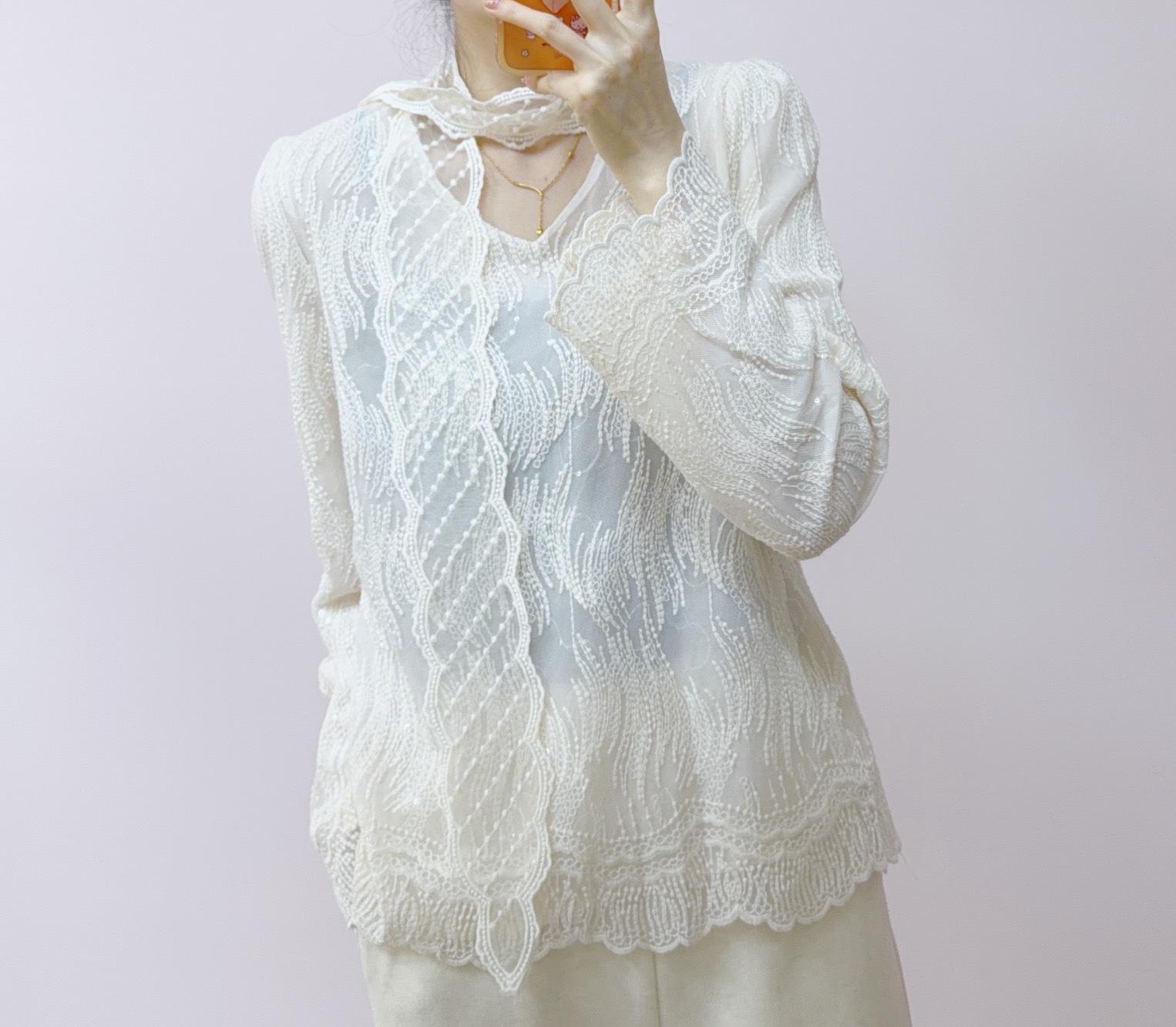 

Spring 2026 Stylish Lace & Sequin Long Sleeve Pullover Top 059 M (90-120 jin) абрикосовый