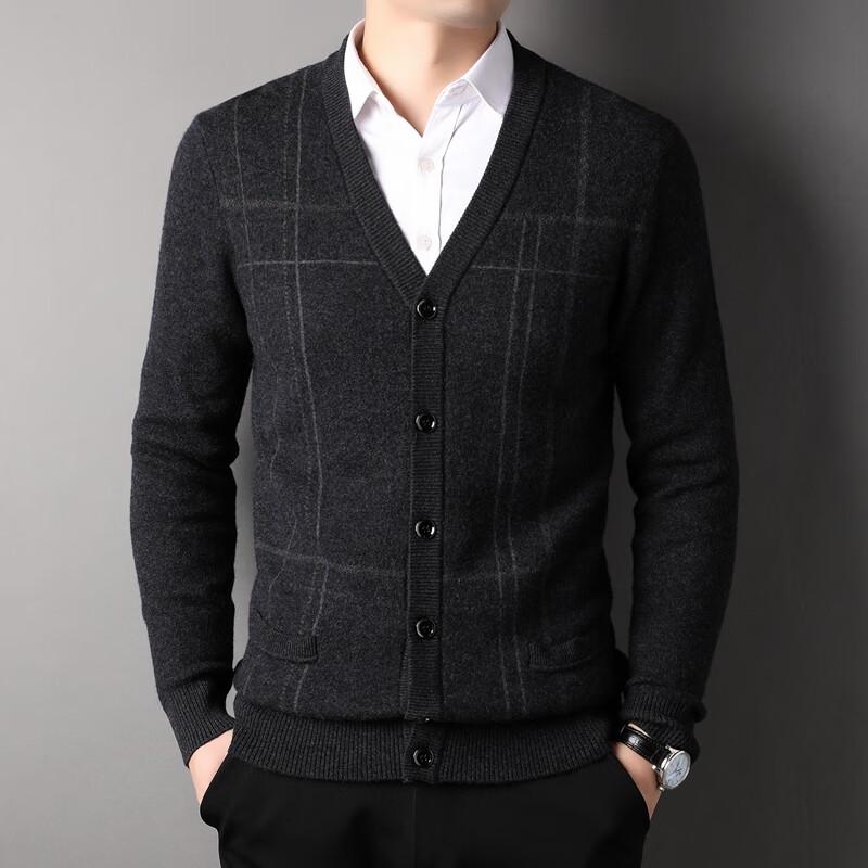 Fengxun Men's 100% Wool V-Neck Cardigan Sweater