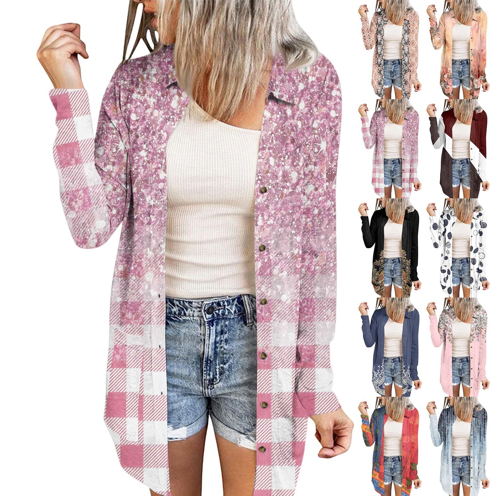 

Women s Casual Fashion Floral Print Long Sleeve Mid-Length Cardigan Jacket L