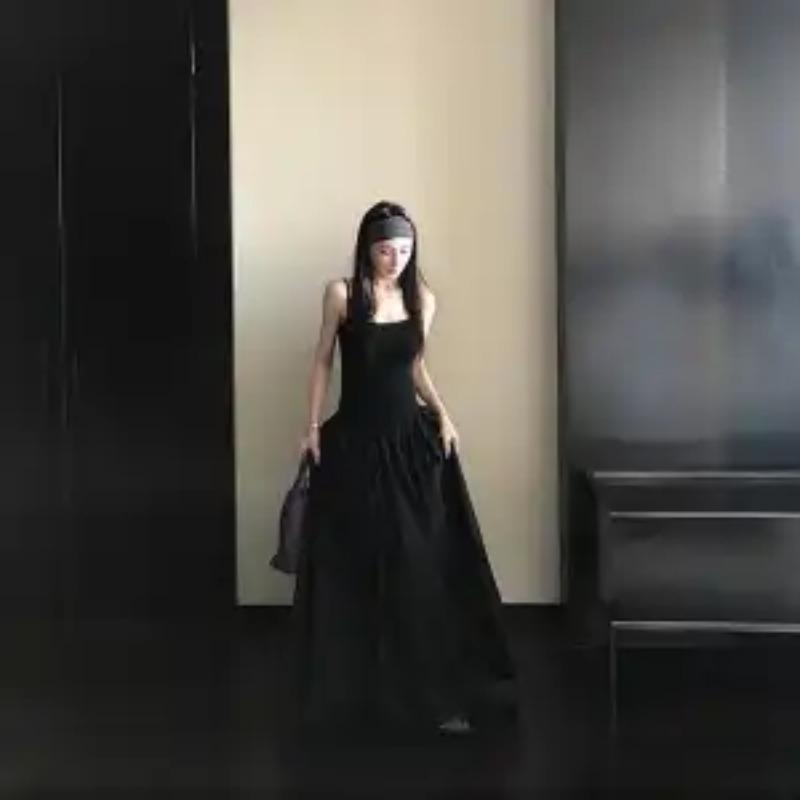 Ärmelloses Maxikleid für Damen Quadratischer Ausschnitt Raffung an der Taille A-Linie Fließendes Langes Kleid