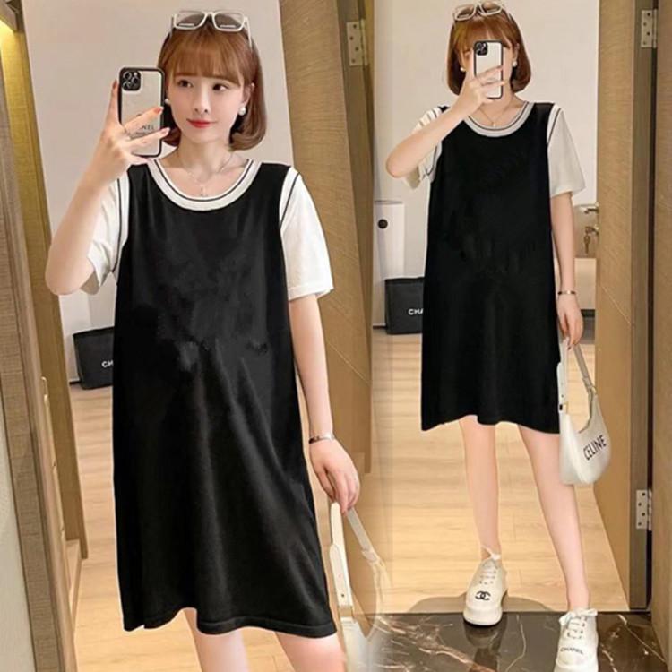 Women's Plus Size Two-Piece Style Color Block T-Shirt Dress with Tummy Coverage - Casual Summer Midi Skirt