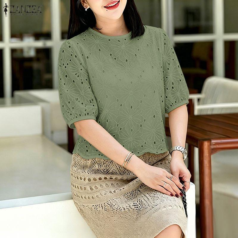 ZANZEA Women Casual Round Neck Lace Crochet Patchwork Summer Short Sleeve Blouse