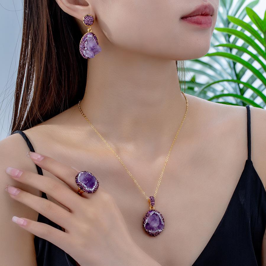 Niche Luxury Brazilian Amethyst Three-Piece Jewelry Set: Raw Stone Earrings, Ring & Necklace for Women