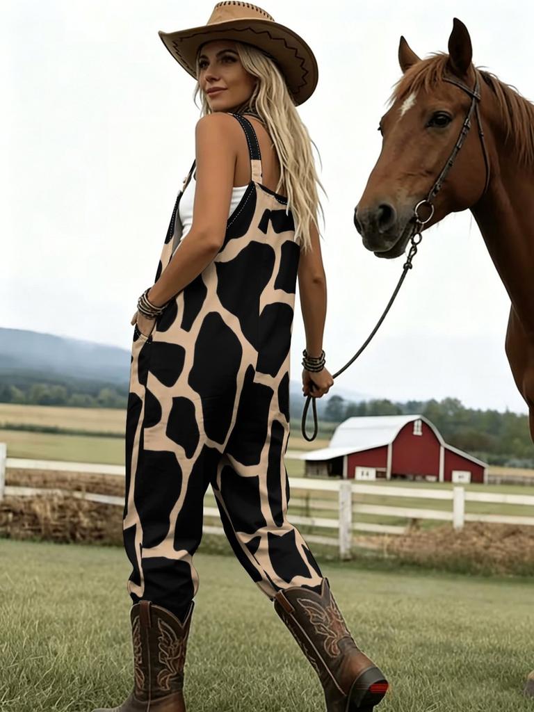 Retro Giraffe Striped Printed Overalls Women's Loose Multi Pocket Workwear Jumpsuit