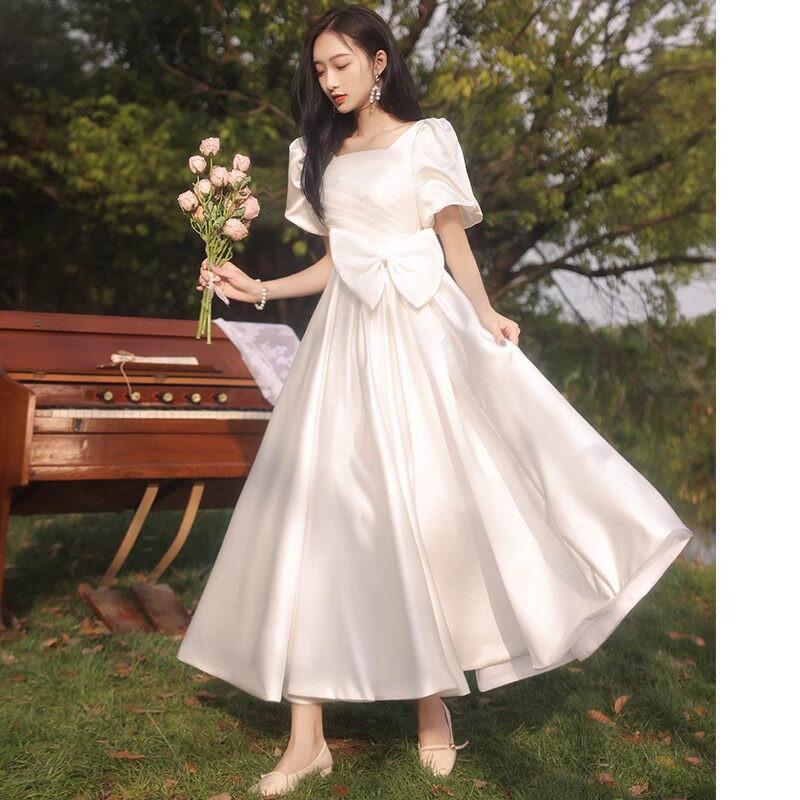 Elegant White Satin Midi Dress Engagement Party Wedding Ceremony Small Stature Women 2026