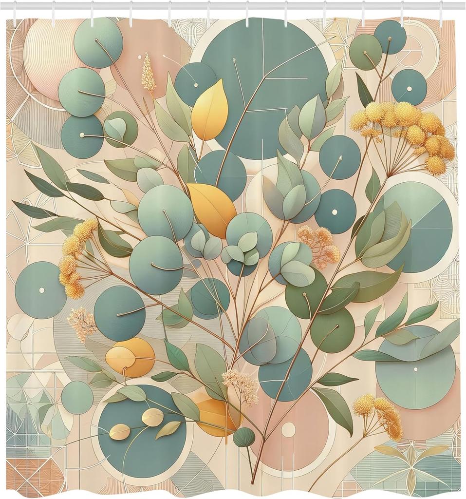 Eucalyptus Leaves Shower Curtain, Pastel Art Deco Style Of Botanical Themed Tree Branches, Cloth Fabric Bathroom Decor