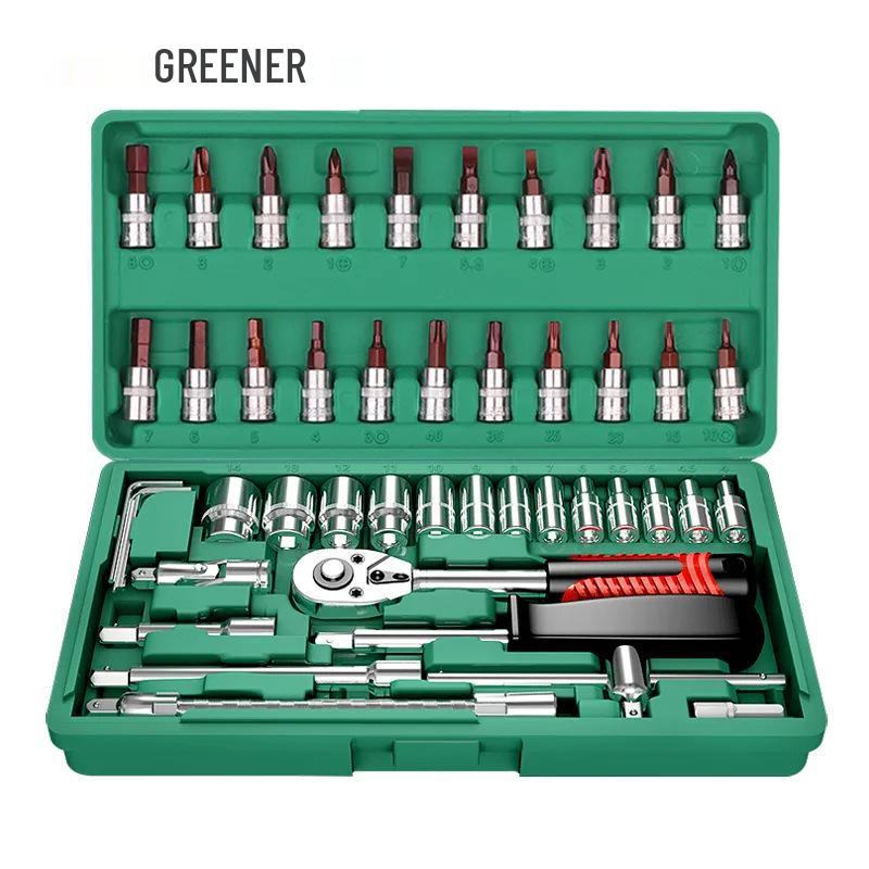 Green Forest Auto Repair Tool Set: Socket Wrench, Ratchet, Combination Tool Box.
