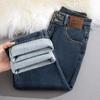 High-Quality Black Fleece-Lined Straight-Leg Jeans for Women - 2025 Autumn/Winter Edition, Plus Loose Slimming Design, Cigarette Style, Size 30