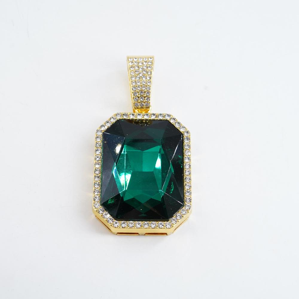 European and American Jewelry Fashion Square Colored Gemstone Necklace Pendant for Men, Hip-hop Style, Full Diamond Cuban Chain Necklace, Unisex