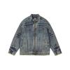 Unisex Retro Mecha Gewaschene Used-Denimjacke mit rohem Saum - High Street Lockerer Schnitt, Stehkragen, Lässiger Stil