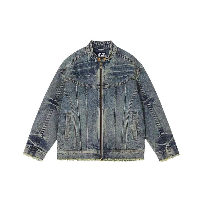 Unisex Retro Mecha Gewaschene Used-Denimjacke mit rohem Saum - High Street Lockerer Schnitt, Stehkragen, Lässiger Stil