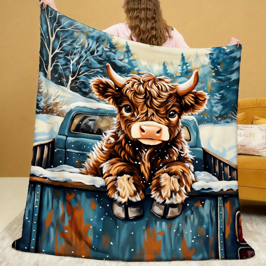 Highland Cow with Snow Cedar and Scottish Landscape Print Decorative Throw Blanket for Sofa, Bed, Home Decor, and Camping