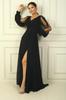 V Neck Front Draped Lined Sleeves Tulle Guipure Detailed Wide Sized Chiffon Long Dress