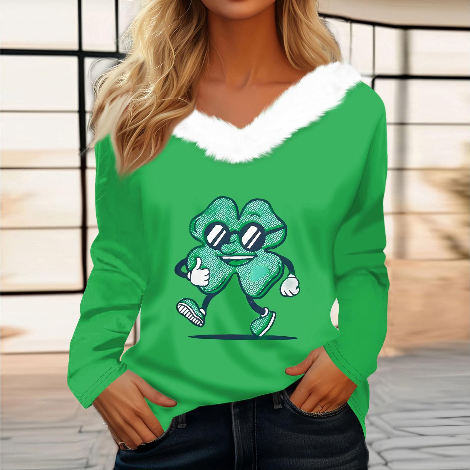 

Женская футболка St. Рубашка с принтом Патрика, длинный рукав, праздничная атмосфера, флисовый воротник, топ с V-образным вырезом XL