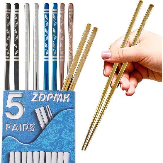Stainless Steel Chopsticks - 5 Pairs Reble Metal Chopsticks Dishwasher Safe, Japanese Chinese korean Chop sticks Set,Non-Slip Stainless Chop sticks, Stainless Steel