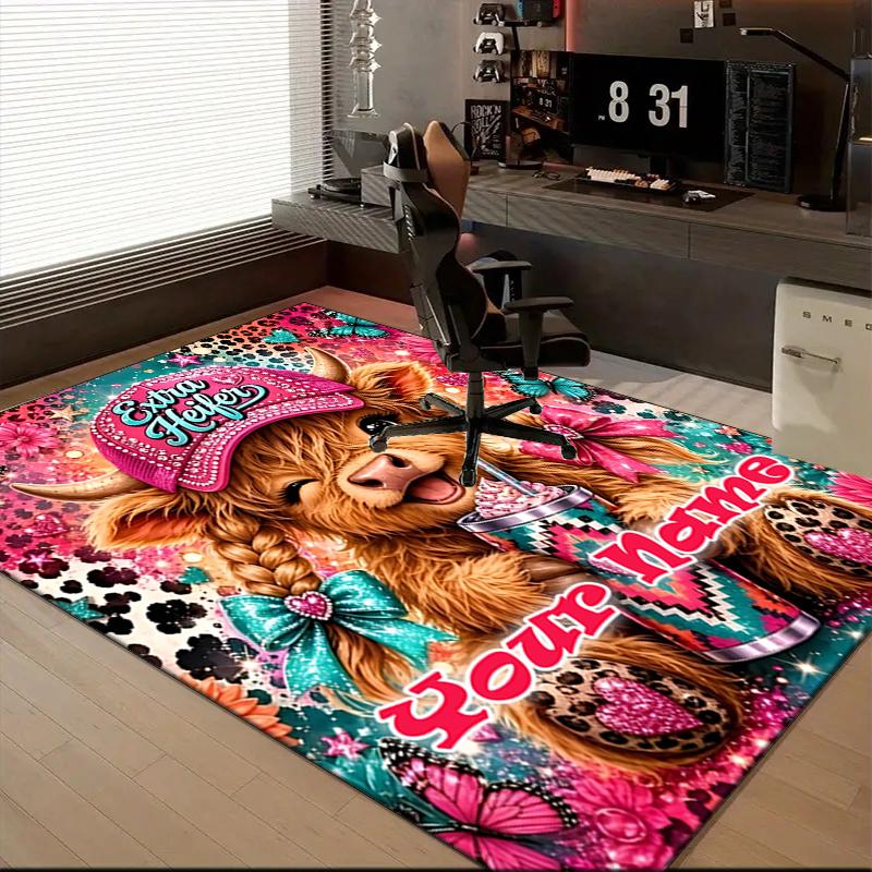1PC Custom Name Colorful Cow Celebration Theme Floor Mat Ideal for Living Room, Game Rooms, Office, Bedroom,Floor Mat Playful Design145