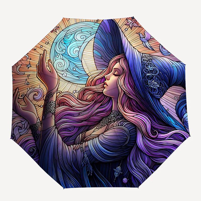 1pc Starry Night Witch Umbrella: Automatic Opening/Closing, Foldable Design, 8-Bone Frame, Outdoor Use, Festival Gift, Suitable for Fans, Travel, Dail